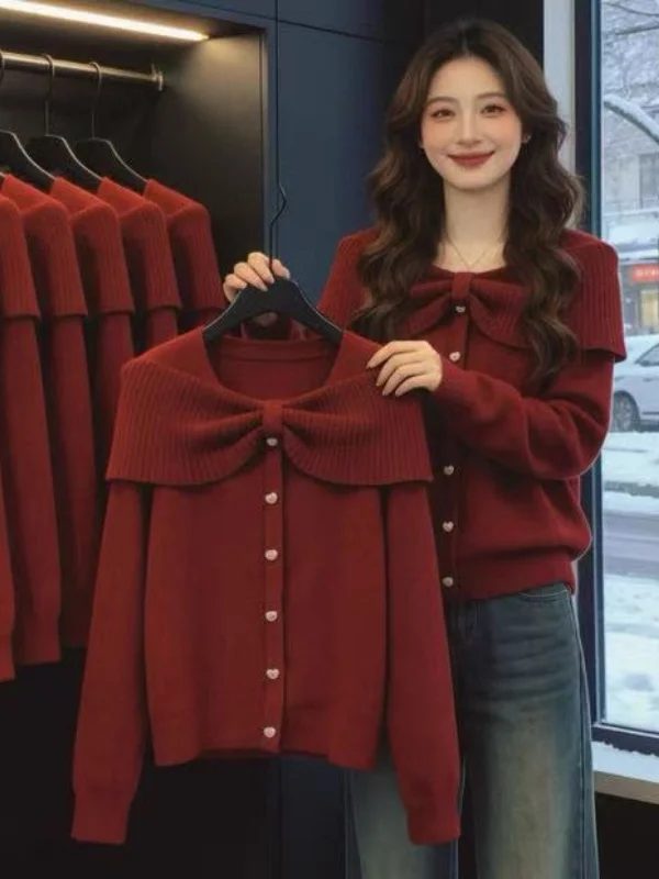 

Loose Women's Knitted Sweater with Bow Design in Bury Spring New Sle Inner Wear Base irt Top Large Size Retro Sle