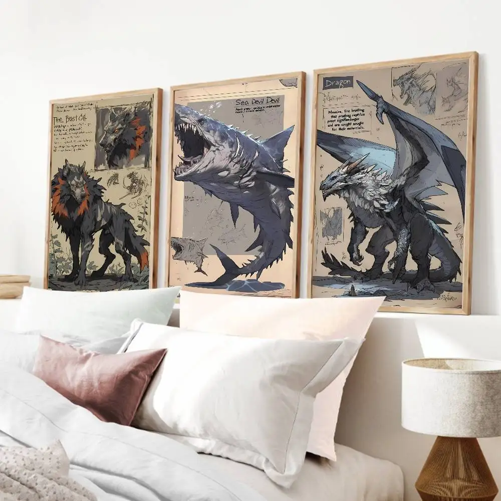 Retro Medieval Magic World Animal History   Poster Self-adhesive Art Waterproof Paper Sticker Coffee House Bar Room Wall Decor
