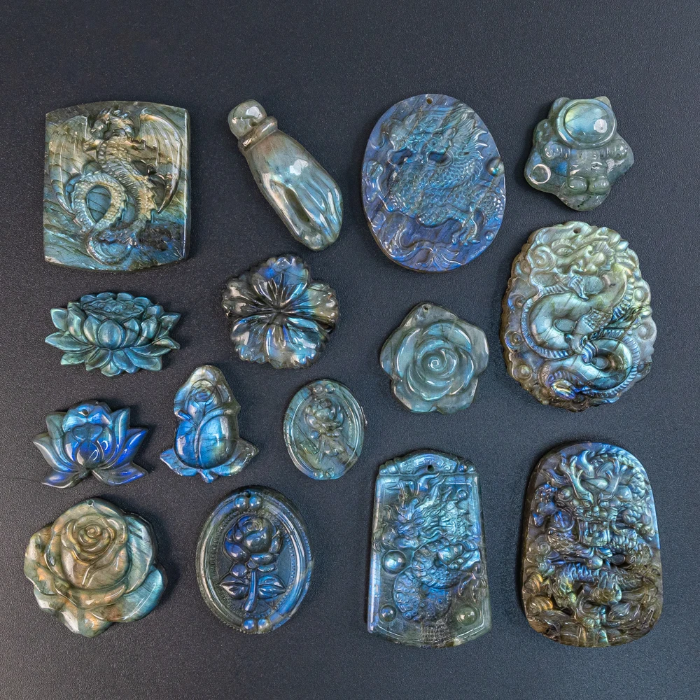 Blue Flash Labradorite Pendant Natural Gemstone The Eye of Honus Skeleton Owl Carving Pendants For Jewelry Making Necklace DIY