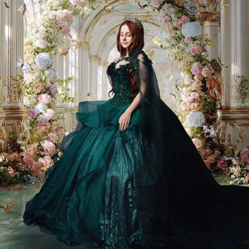 

Dark Green Quinceanera Dresses Off the Shoulder Crystal Decal 3D Flower Lace Layering Long tail Vestidoe 15 Quinceanera Customiz