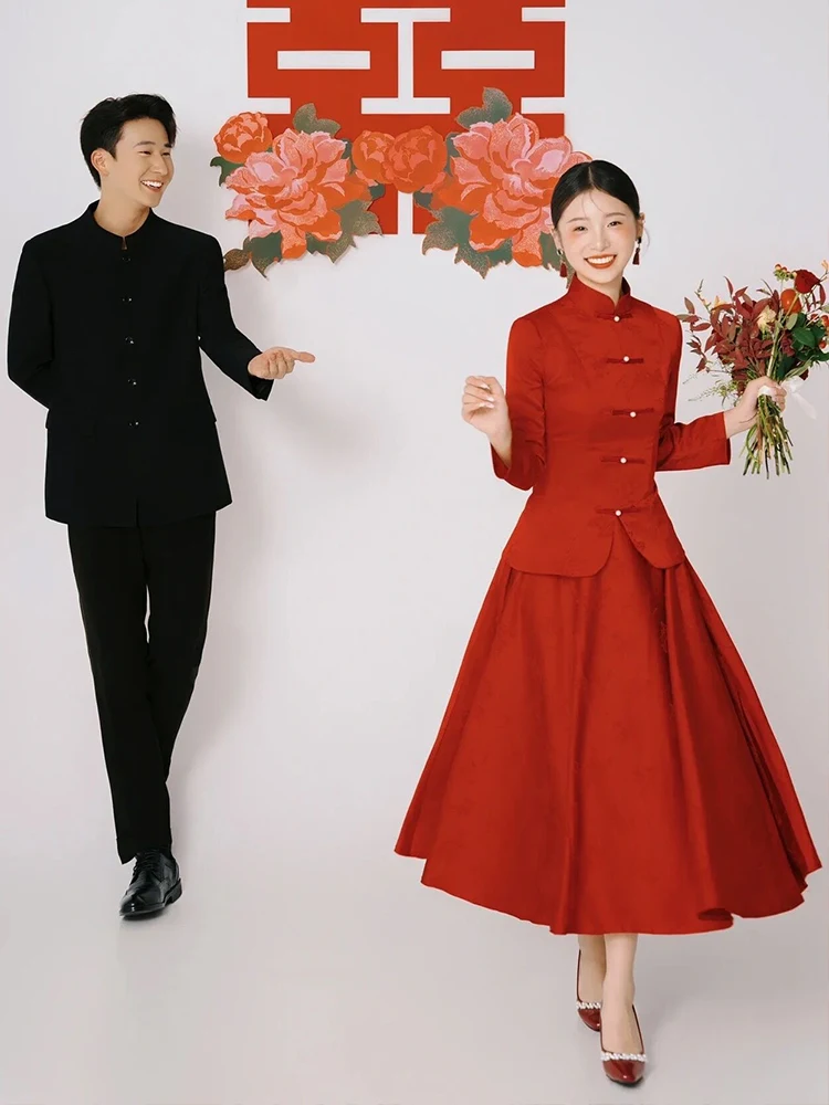 

Ele Long Sve Wedding Dr Set Red Formal Gown for Engagement And Bridal Return Home Ceremony ort plus Size Women