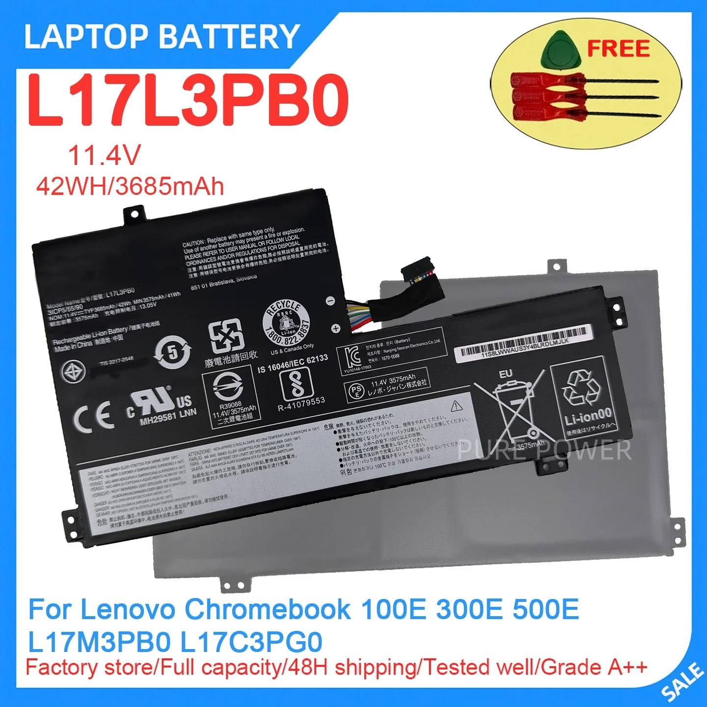 New Laptop Battery L17L3PB0 11.4V 42WH 3685mAh High Quality For Lenovo Chromebook 100E 300E 500E L17M3PB0 L17C3PG0