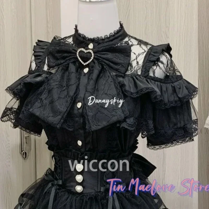 

a7d@Y2K Gothic Jirai Kei Lolita Blouse Dark Cute Bow Lace Halloween Shirt Japanese Subculture Fashion Kawaii Daily Short/Long Sl