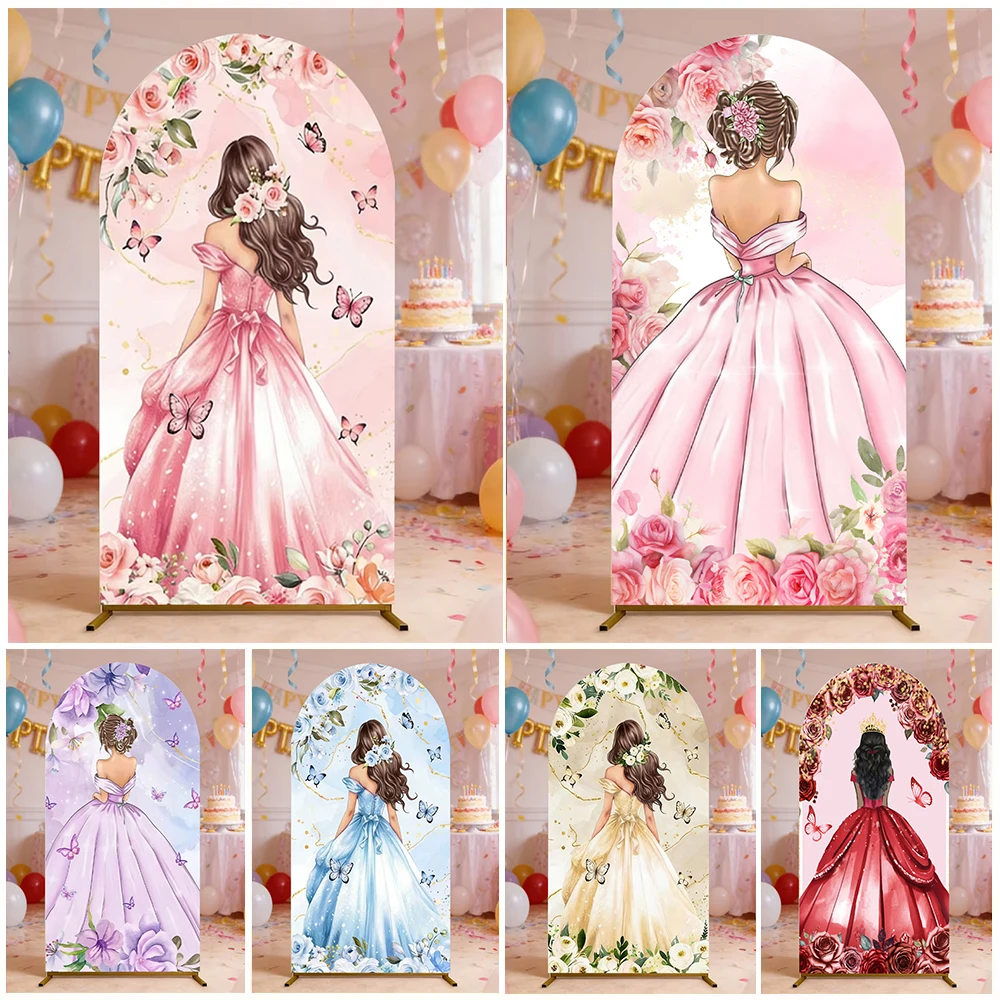 Princess Birthday Arch Cover Backdrop Pink Blue Purple Floral Butterfly Dress 15th Girls Birthday Arch Photography Background