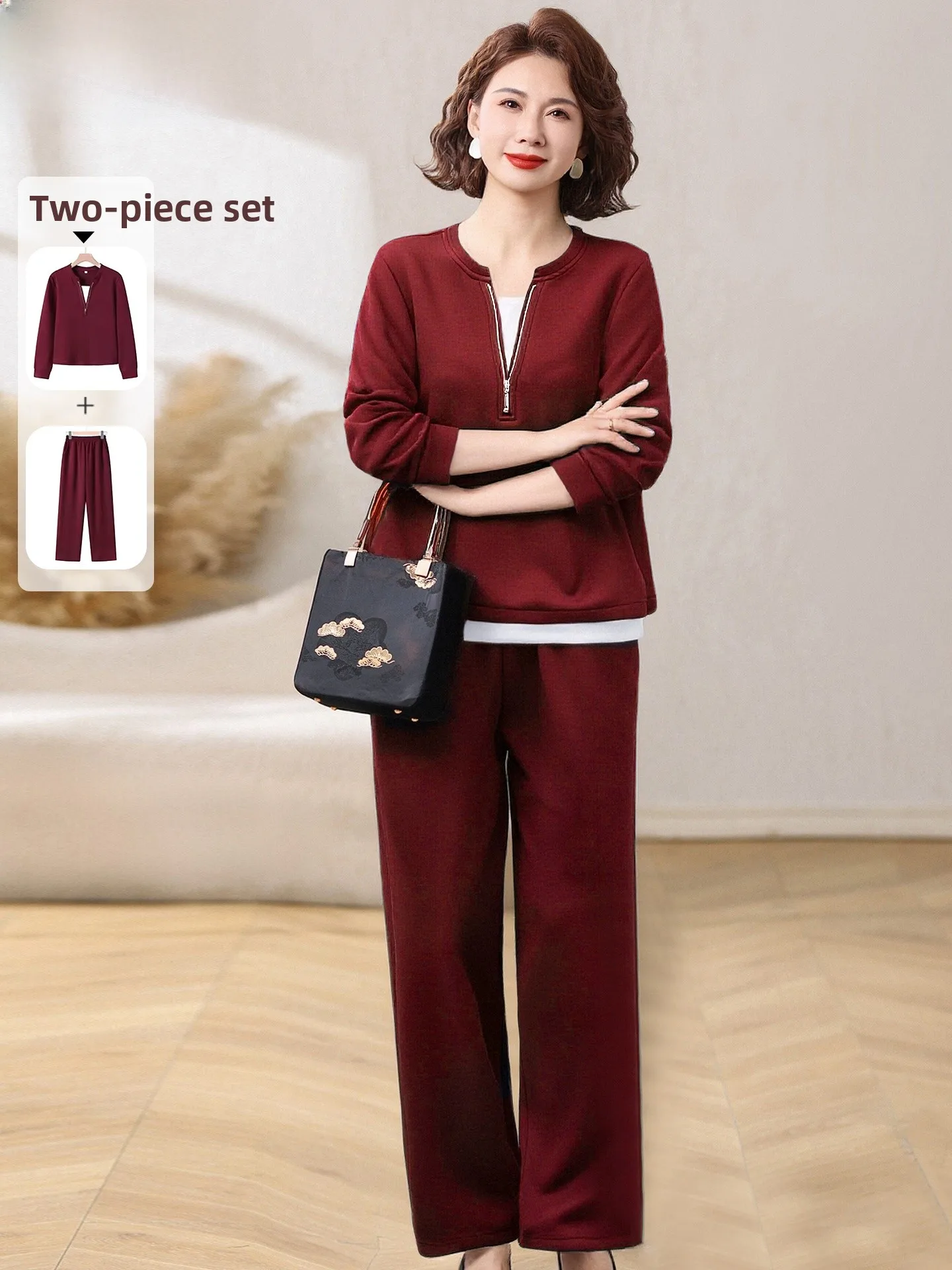

Elegant Midlife Mom Spring Fashion Sportswear Set New 2026 Style Elderly Women's Casual Loose Fit Zipper Top Bottoms Ensemble