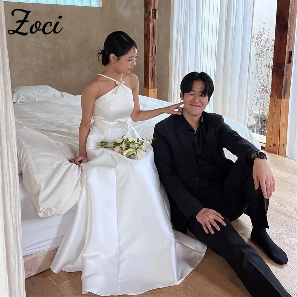 

Zoci Elegant Halter V Neck Korea Wedding Dresses Satin A Line Bow Ribbons Photos Shoot Dress Customized Backless Bridal Gowns