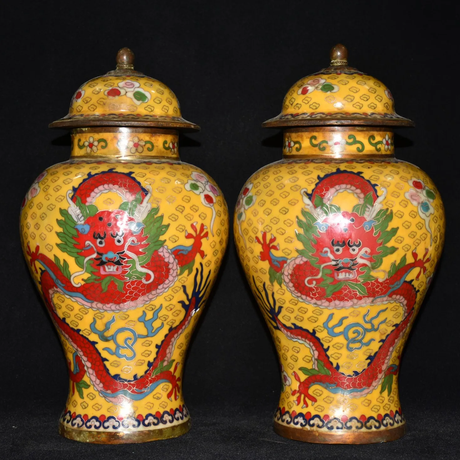 

14"Tibetan Temple Collection Old Bronze Cloisonne Enamel Dragon texture general jar a pair storage jar worship hall Town House