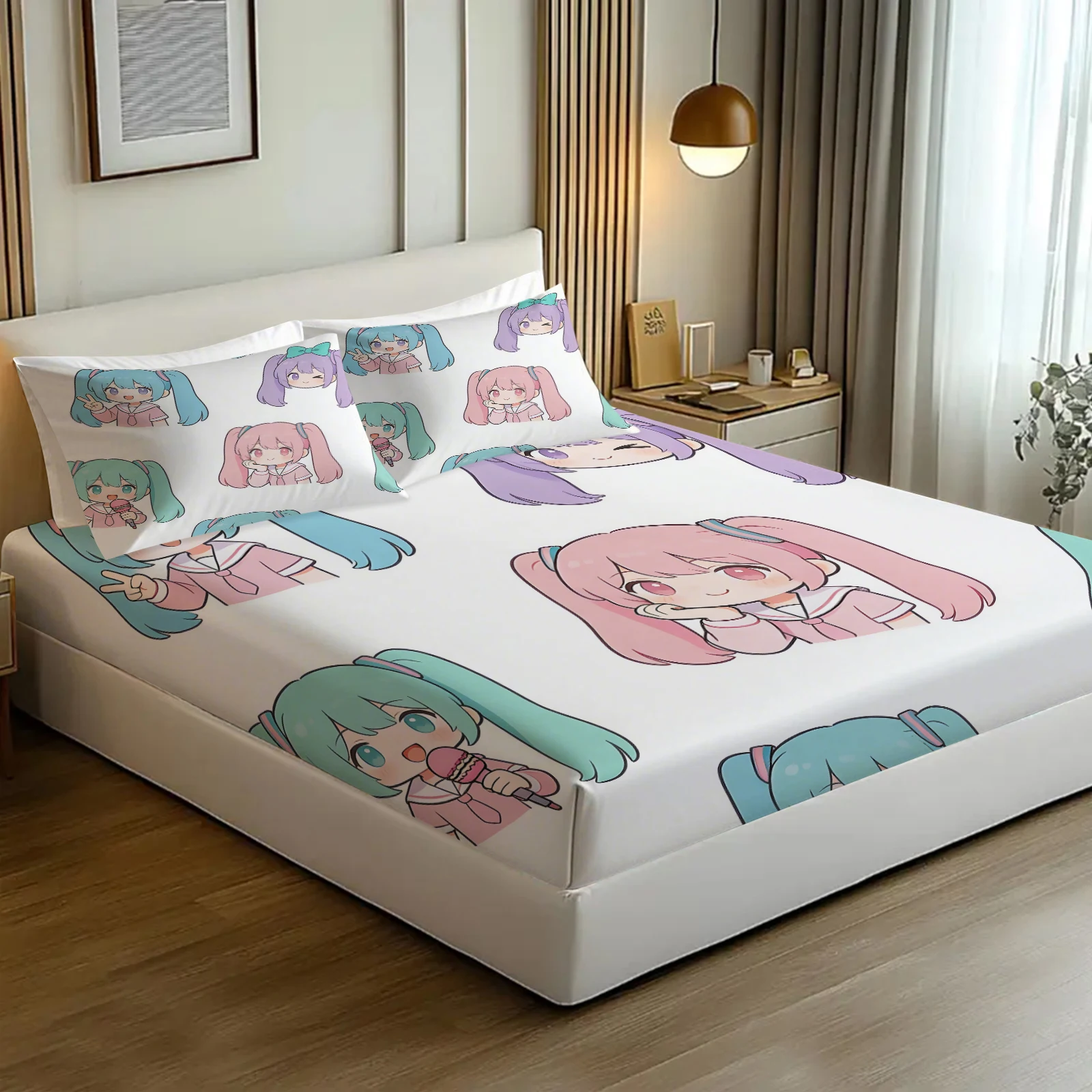 3-teiliges Hatsune Miku Chibi-Style Spannbettlaken-Set, Niedliche Anime-Bettwäsche mit Kissenbezügen, Tiefe Taschen, Teenager-Zimmer-Deko, Geschenk für Fans – Detail 8