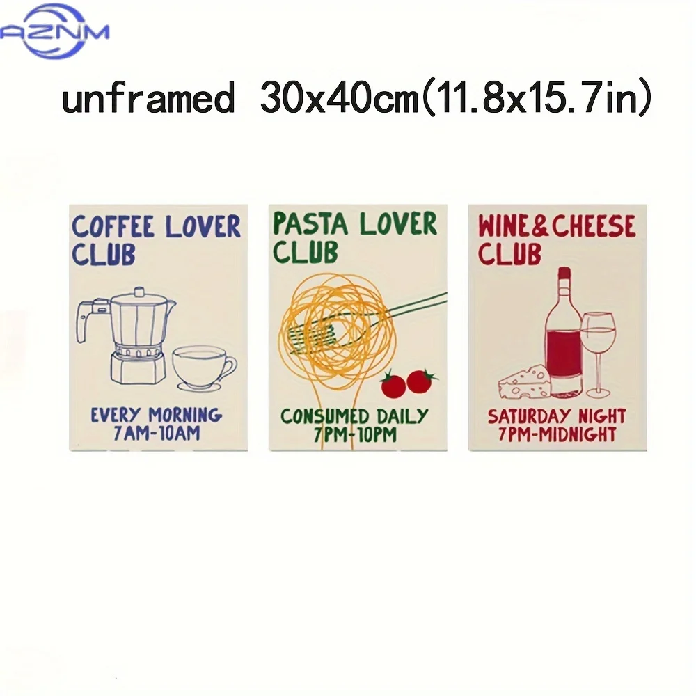 3pcs Set Hand-Drawn Food Lovers Canvas Art Prints, Coffee Pasta Wine & Cheese Club, Art Deco Classic Modern Style, Cartoon Anime