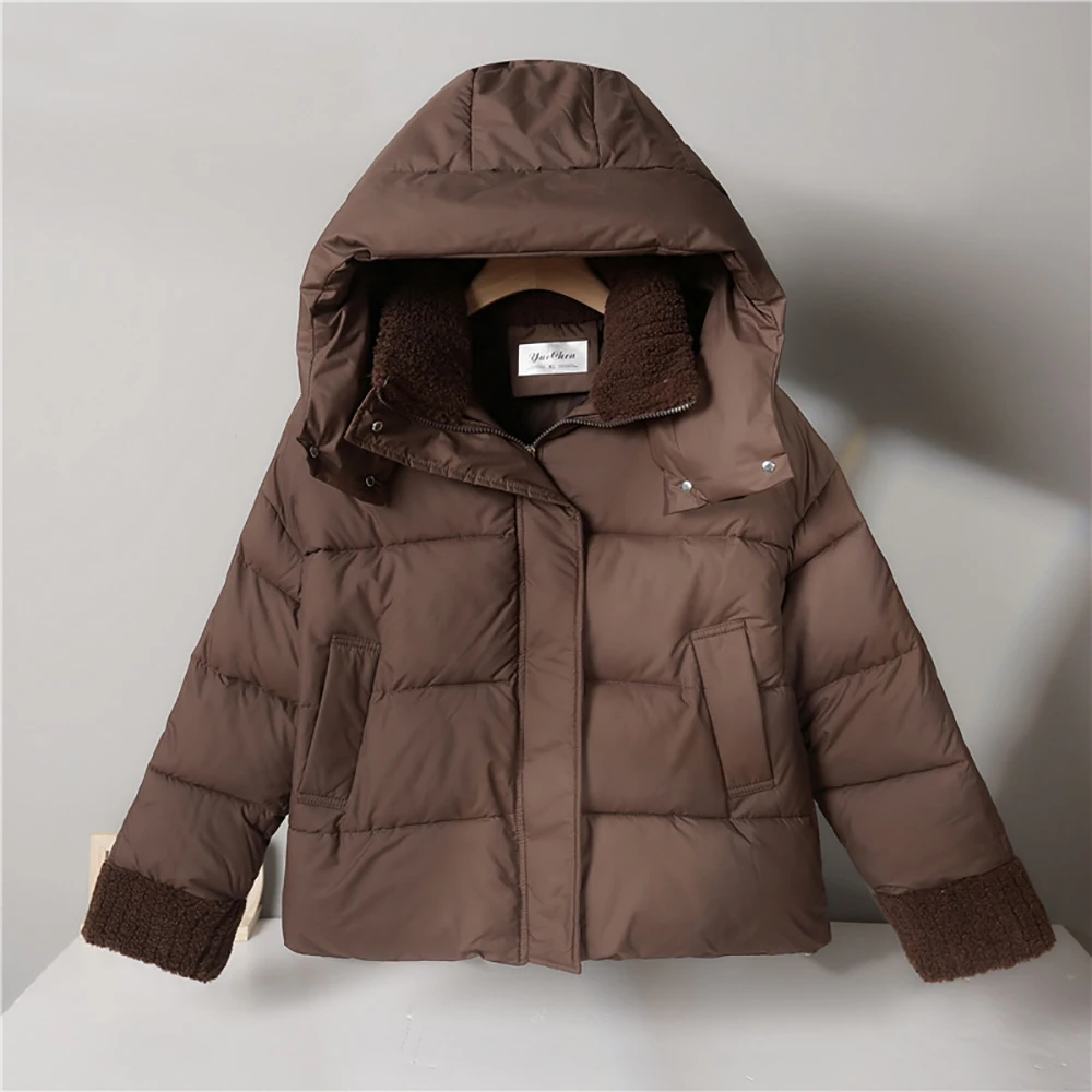 Thickened Hooded Cotton Jacket Women Winter 2025 New Imitation Lamb Fur Collar Splicing Warm Outerwear Fashion Loose Top