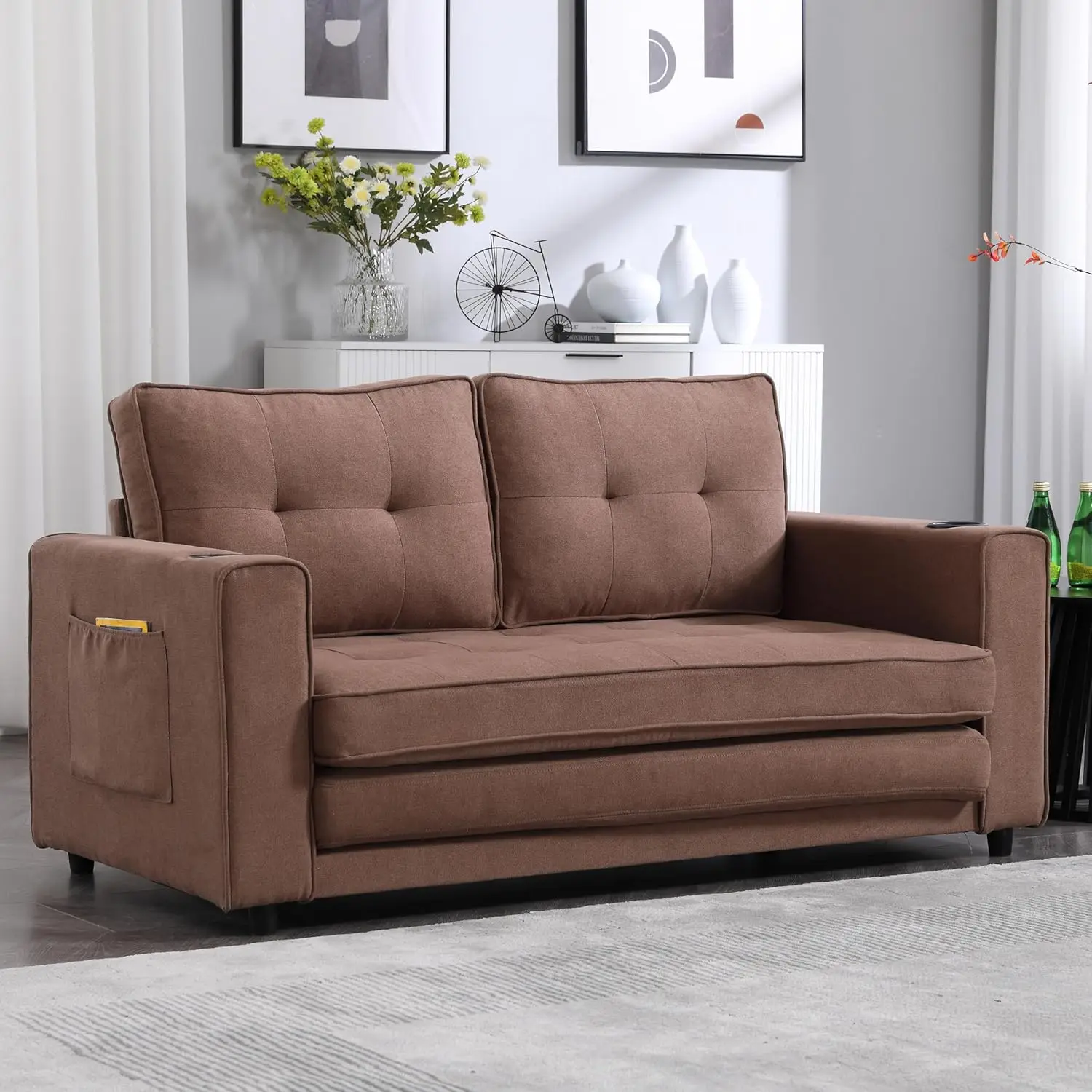 Futon Sofa Bed 3-in-1 Convertible Sleeper Sofa Bed Pull Out Couch with 2 Side Pocket Upgraded Loveseat Foldable Floor Couch Bed
