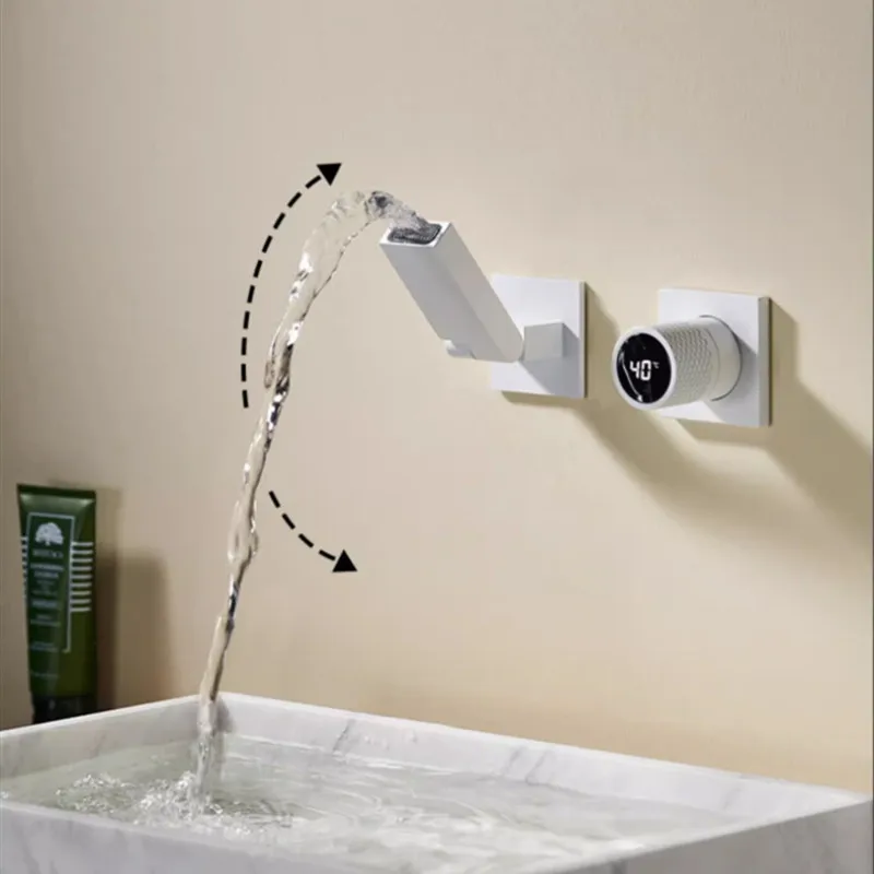 

LED Intelligent Digital Display Basin Faucet Hot and Cold Water Mixer Wall Mounted Bathroom Brass Washbasin Vanity Faucet