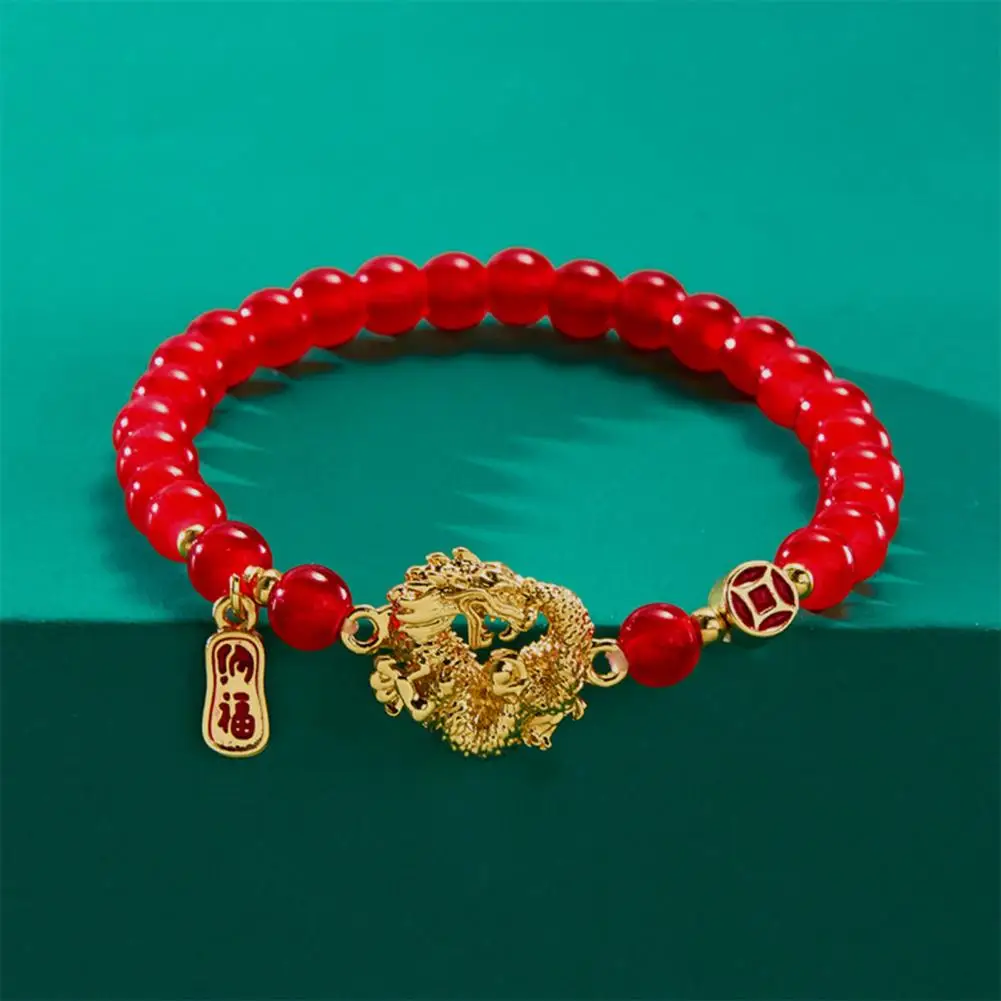 Lucky Dragon Bracelet Chinese Dragon Bracelet 2024 Zodiac Feng Shui Lucky Amulet Stretchy Beads Pendant New Year Gift for Women