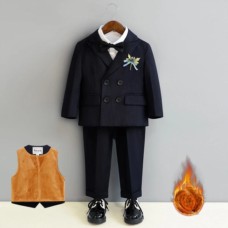 Boys Winter Formal Suits 4 To 12 Y Fleece Warm Kids Clothes British Striped Wedding Party Tuxedo Child Piano Performance Costume