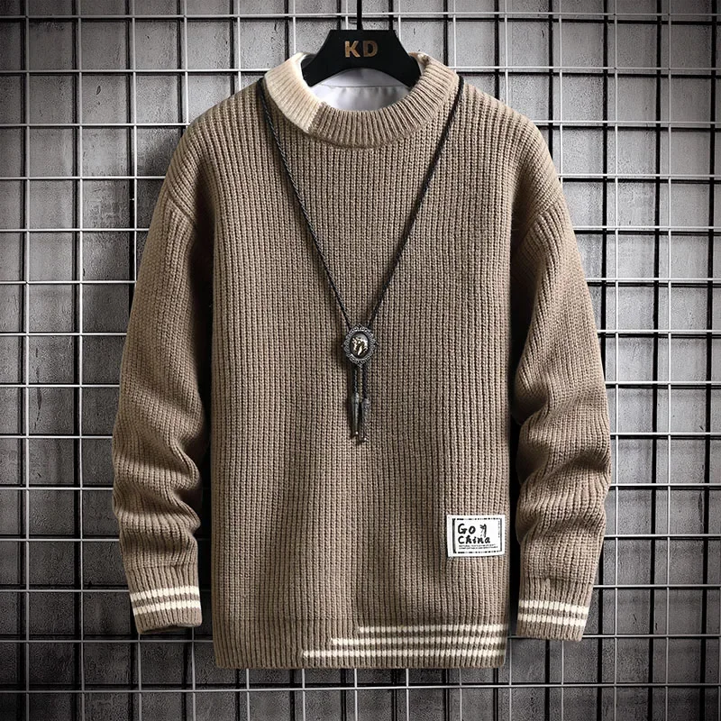 

Autumn Winter Men Sweater Warm Top New Fashion Stitching Color Matching Pullover Round Neck Sweater Knitted Sweater C44