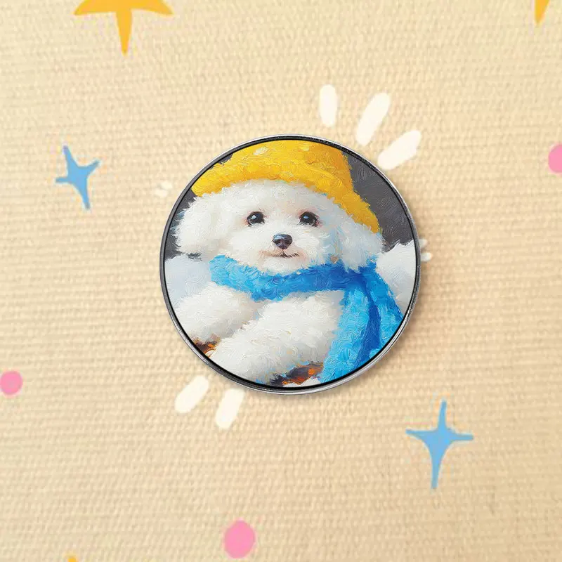 Cute Oil Painting Style Bichon Puppy UV Printing Badge Cute White Dog Lapel Pin For Clothes Bag Art Decor Gift