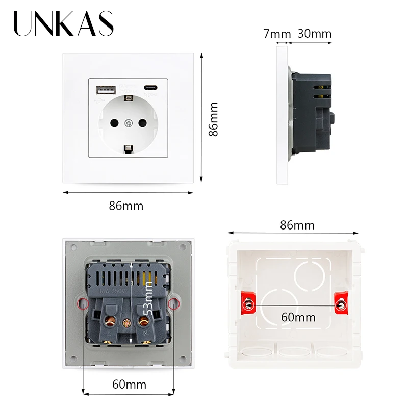 UNKAS PC Panel Abu-abu EU Wall Power Socket Holder Rusia Type-c USB Outlet Spanyol Plastik Jerman Triple Electric Fast Charging