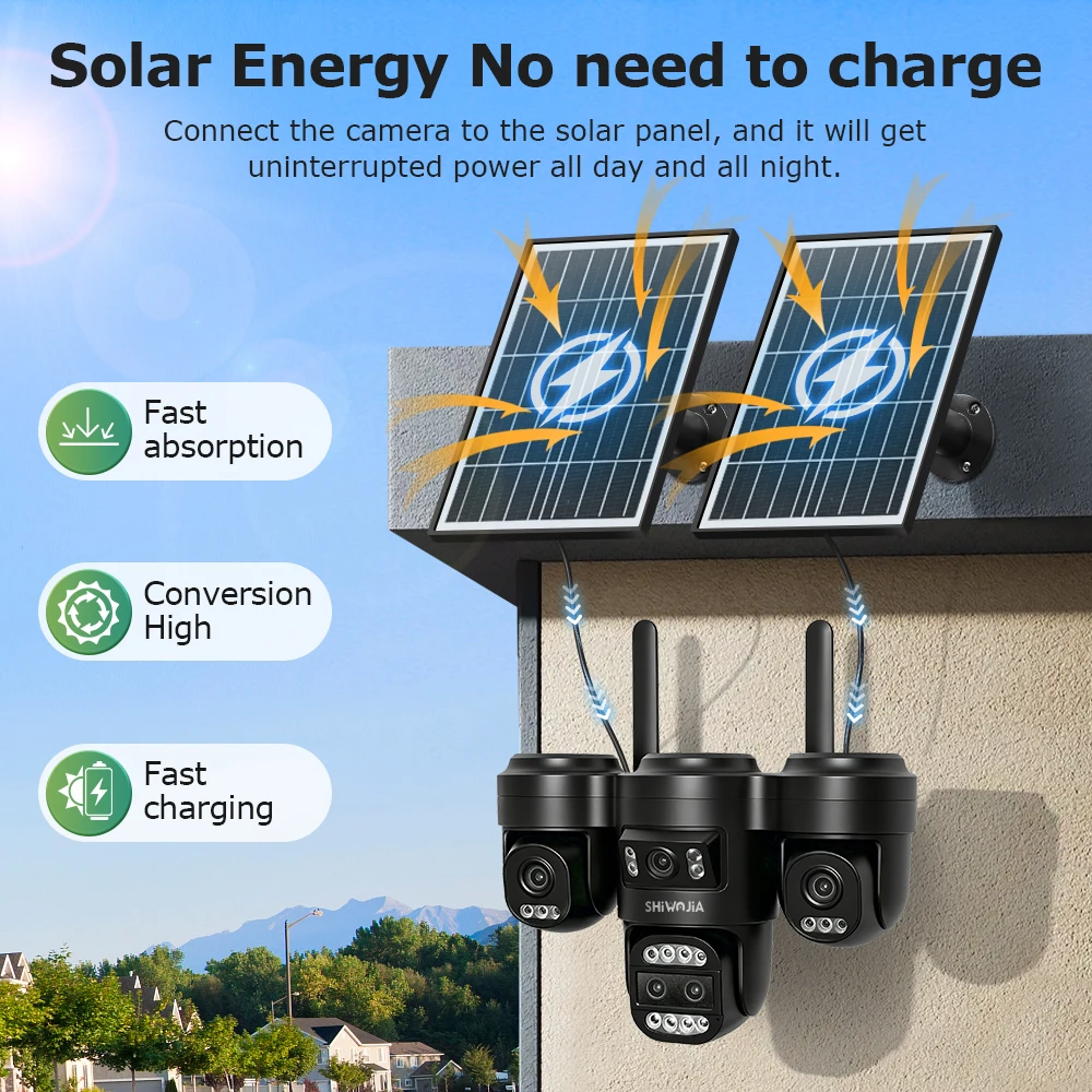 SHIWOJIA 4G Solar Security Camera 10X ZOOM AOV 24/7 Recording Video Surveillance Battery Camera 4-Screens Outdoor PIR Monitor