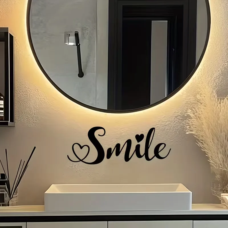 Smile & Love selbstklebender Vinyl-Aufkleber – selbstentfernbarer schwarzer Badezimmeraufkleber mit Smiley & Herzen, halbmatter temporärer Wandaufkleber A