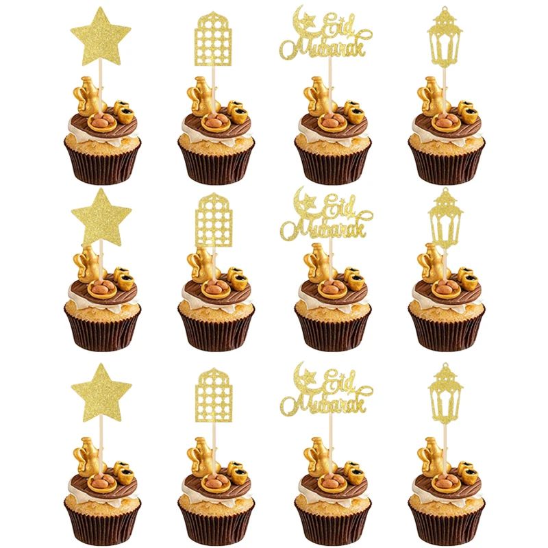 12-36Pcs Eid Mubarak Cupcake Topper Mond Sterne Laterne Ramadan Islamischen Muslimischen Party Kuchen Dekoration Lieferungen DIY Backen werkzeuge