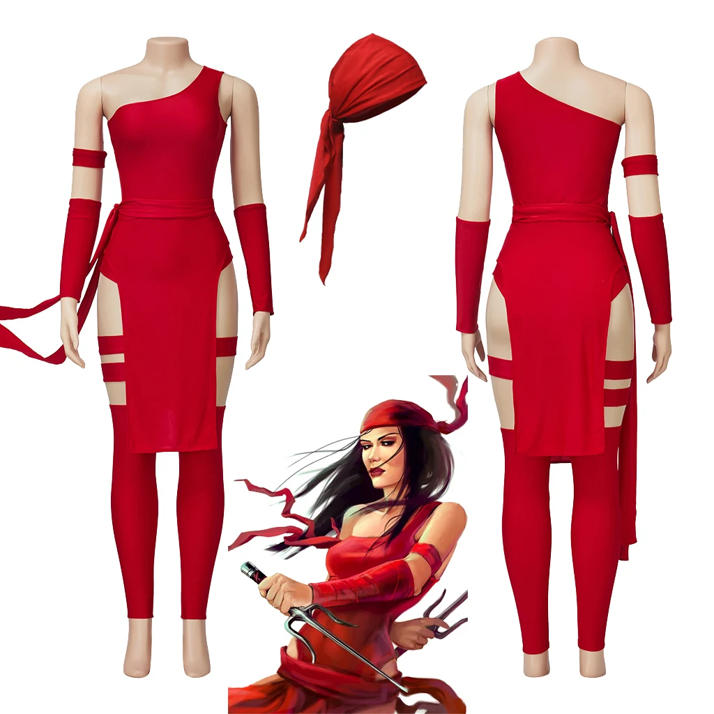 

Anime Elektra Natchios Cosplay Costume Sexy Red Dress With Headgear Women Halloween Party Superhero Elektra Fighting Gown