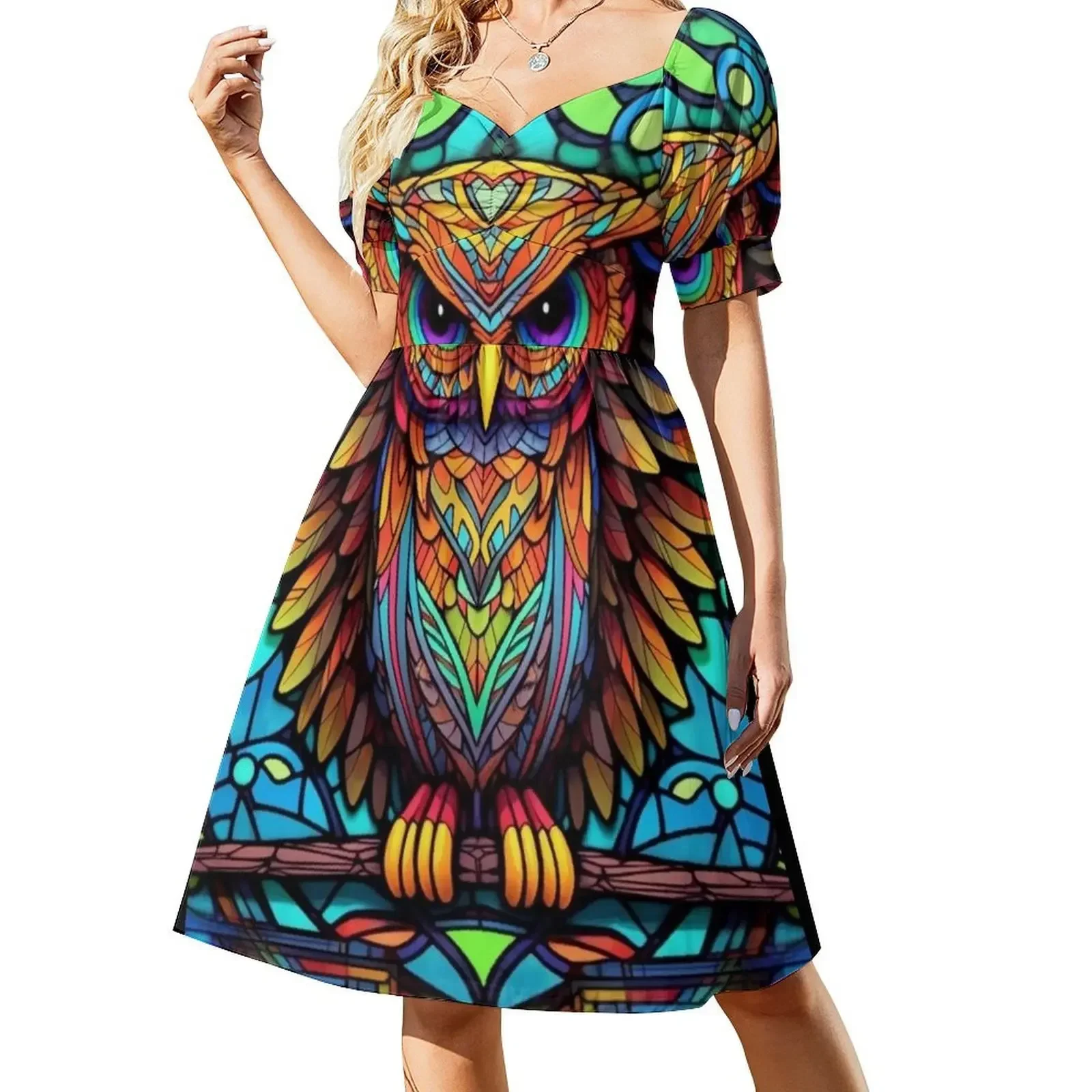 

Magical Stained Glass Owl Pattern Short-Sleeved Dress luxury evening dress woman for wedding elegant dress