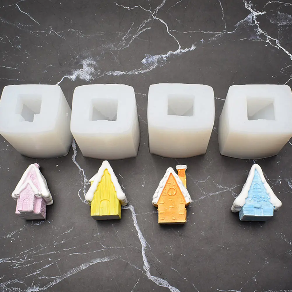 

4 Pcs Christmas Snow House Candle Mold Silicone Molds Diy Baking Tool Chocolate Molding Kit Wax Crafting Materials
