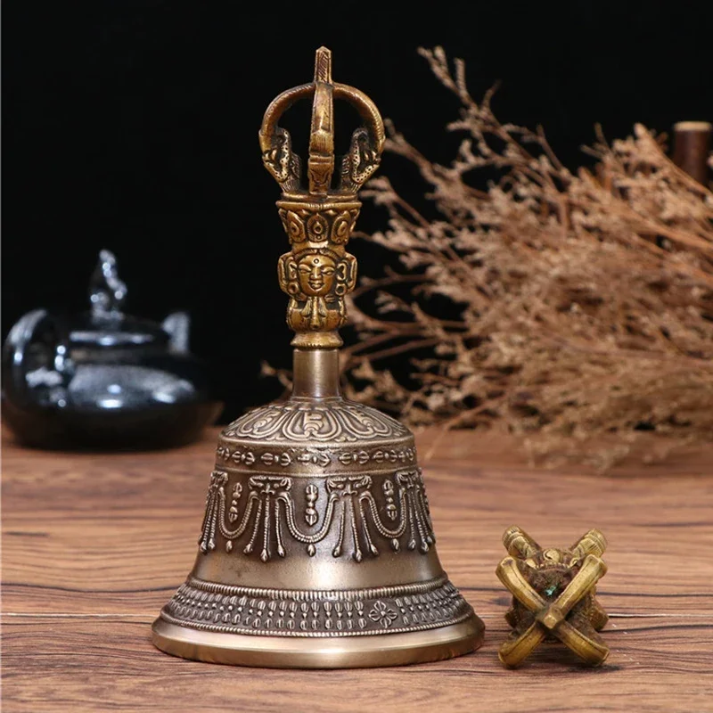 Nepal Brass Tibetan Bell Handmade Vajra Bell and Pestle Set Buddhist Tibetan Chimes Meditation Tool Sound Healing Instruments