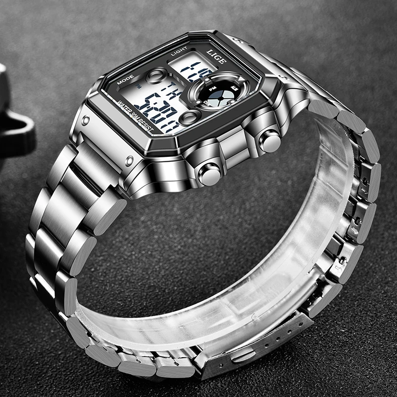 LIGE Fashion Casual Electronic Man Watch Sports Waterproof Luminous Alarm Stainless Steel Band Digital Men's Watches Chronograph view 2