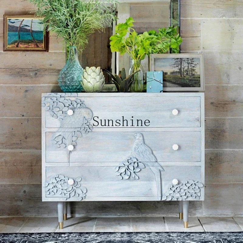 Retro carved French solid wood flower and bird storage cabinet drawer three bucket cabinet creative decoration  FT