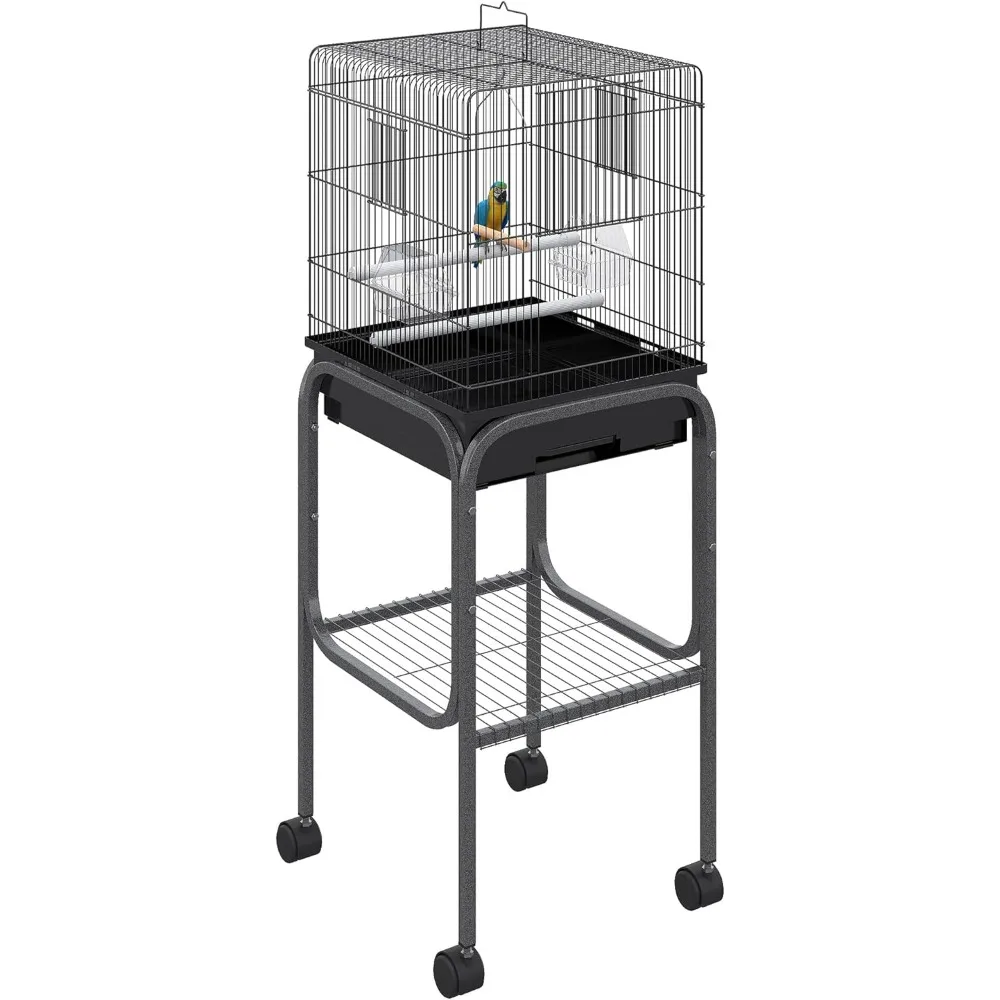 

Pawhut 45-inch Metal Indoor Bird Cage, Parrot Cage, Bird Aviary with Detachable Rolling Stand, Storage Basket, and Accessories