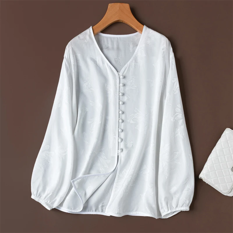 Damska jedwabna koszula 100% jedwab morwowy 20 momme biała żakardowa jedwabna bluzka z chińskimi guzikami, długi rękaw, do pracy biurowej M1453