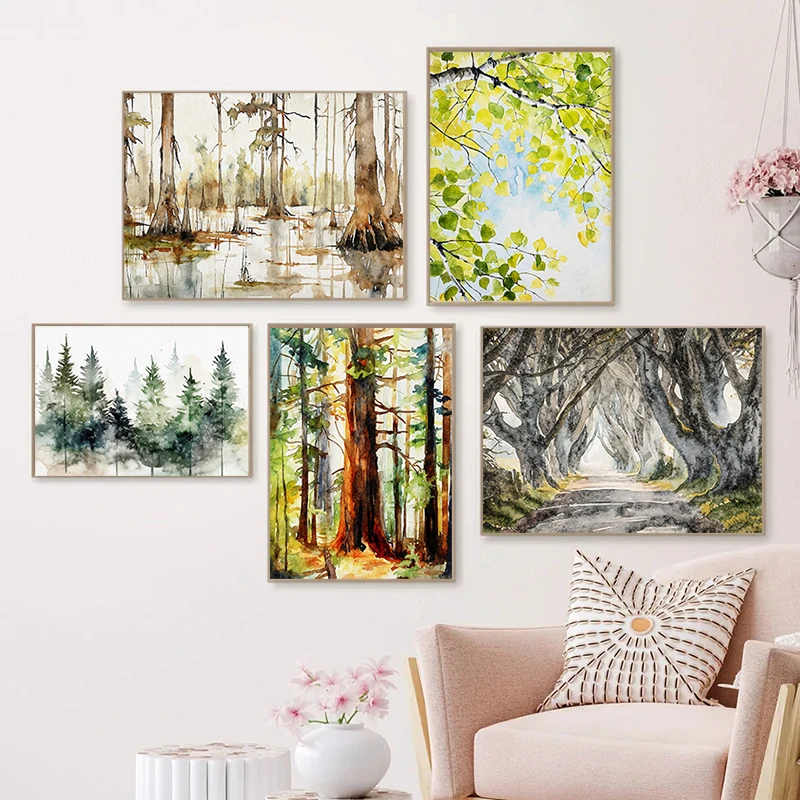 Sequoia Pine Birch Tree Watercolor Plant Poster Canvas Painting Vibrant Impressionism Wall Art Picture Living Room Home Decor