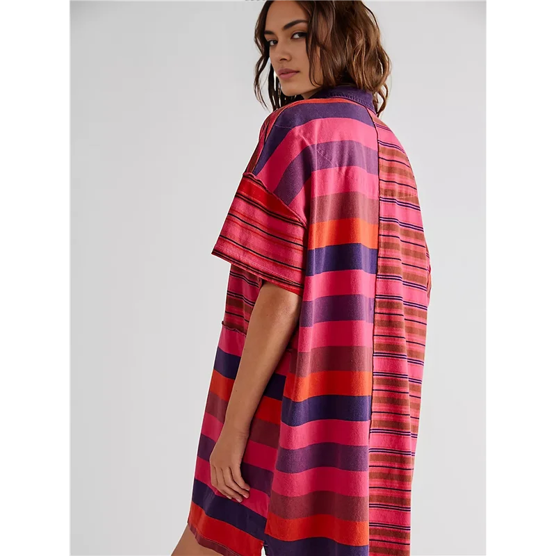 A83F-Women Contrast Striped Babydoll Y2k Summer Patchwork Mini T- Shirt Vintage V Neck Short Sleeve Dress