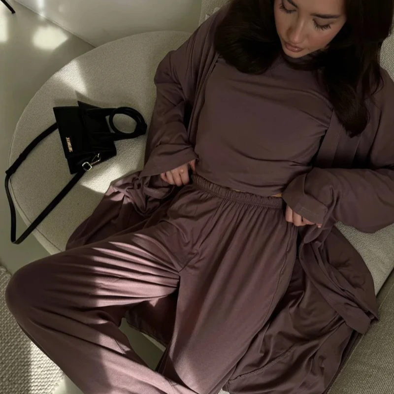 Female Solid Color Casual 3Pieces Suits Long Sleeves Coat Round-Neck Slim Short Top Wide Leg Trousers Spring Summer Fashion Sets