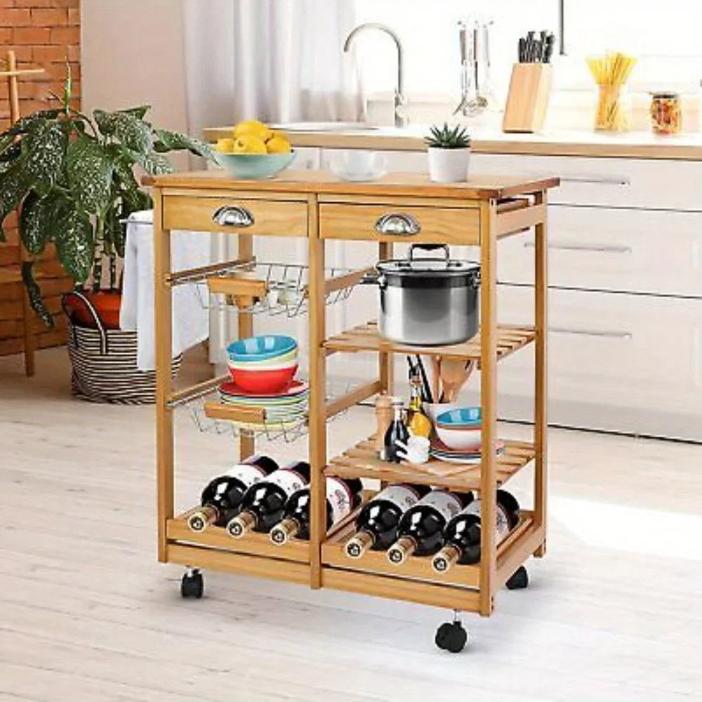 

Rolling kitchen Island wooden mobile service van with family dining room storage