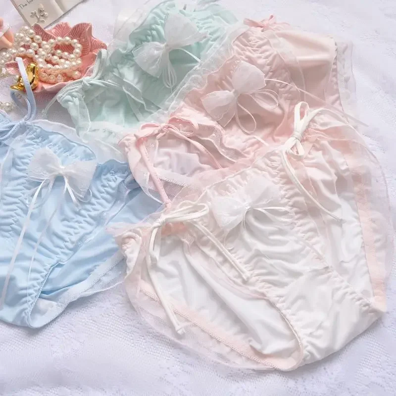 Cute Lace Panties Japanese Little Fresh Ice Silk ruffled Princess Triangle girl cute lace-up lace-up women\'s panties