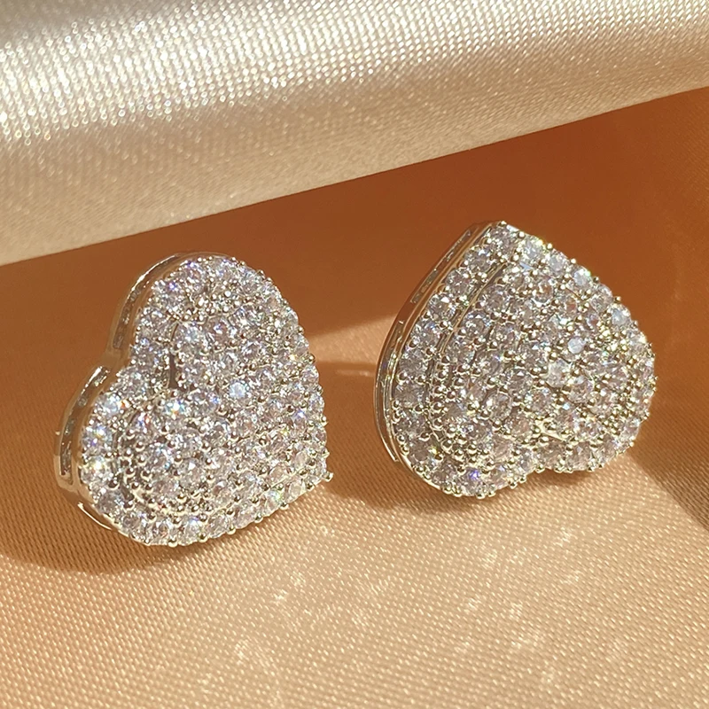 ZAKOL Loving Heart Zirconia Stud Earrings For Women Girls Silver Color Metal Crystal Ears Accessories Wedding Jewelry Gifts