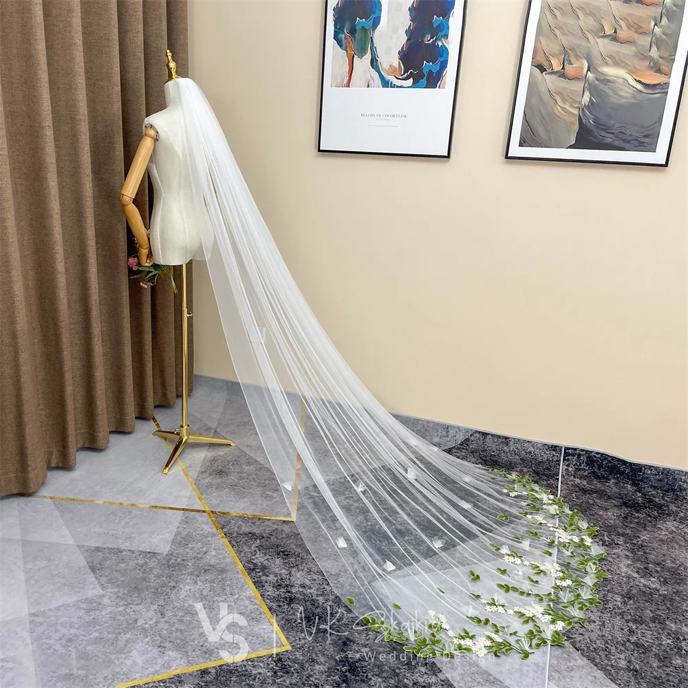 VK SKAIKRU Wedding Veil With Comb Ivory Applique 3D Flowers Long Cathedral Bridal Veils for Wedding One Layer Cut Edge