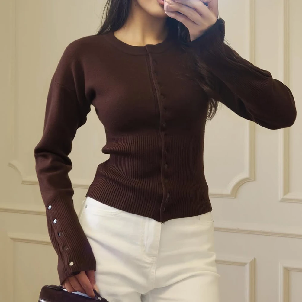 Talenza Women's High Waist Round Neck Single Breasted Cardigan Solid Long Sleeve Short Sweater Top Autumn Slim Bottoming Shirt