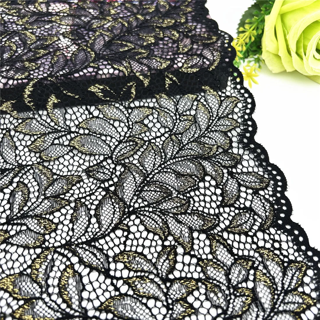 3y/lot Width 23cm Black With Golden Foil Elastic Lace Trim Lingerie Sewing Craft DIY Apparel Fabric Lace Dress Garment Accessory