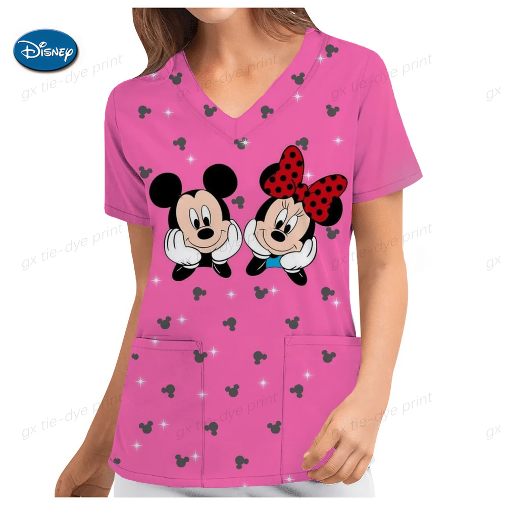 Disney Mickey Mouse print Nurse Working Blouse Medical Overalls Uniforms Healthcare Nurse Uniform Womens Short Sleeve V Neck