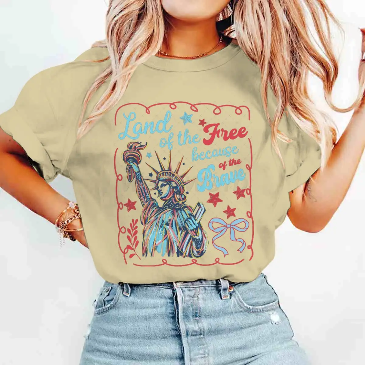 Land Of The Free Because Of The Brave T-Shirts 4th Of July T-shirt Short Sleeve Funny Casual Summer Tops Women's Clothing