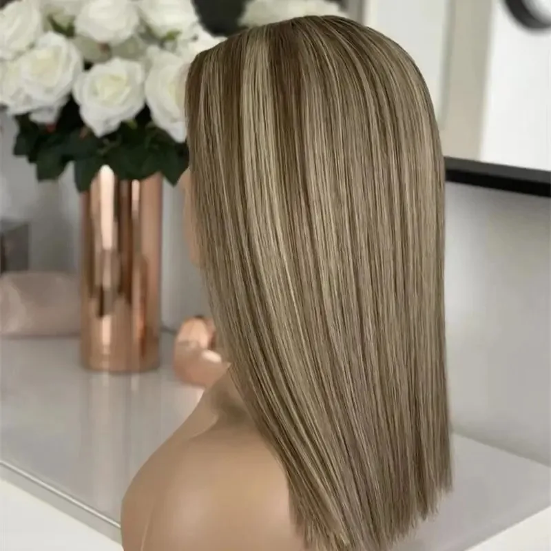 New In Highlight Ombre Golden Ash Blonde Synthetic Lace Front Wig for Women Preplucked Hairline 26 Inch Super Straight Wigs