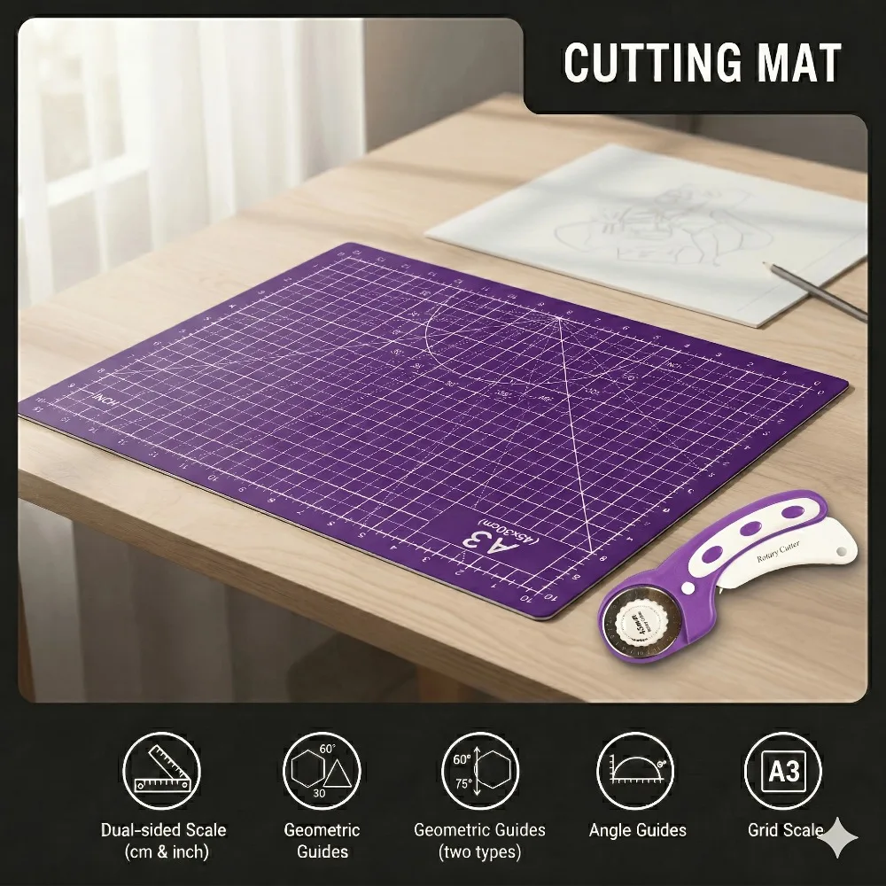 Rotary Cutter Set with A3 Cutting Mat Patchwork Ruler 45mm Cloth Cutter 5 Spare Blades Clips for DIY Sewing Quilting Craft Tools view 6