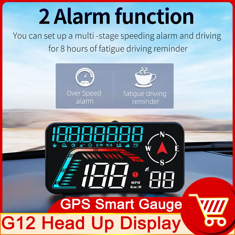 

Plug and Play G12 GPS HUD Цифровой спидометр с сигнализацией для всех автомобилей KMH MPH Время пробега Высота Проекционный дисплей на заказ
