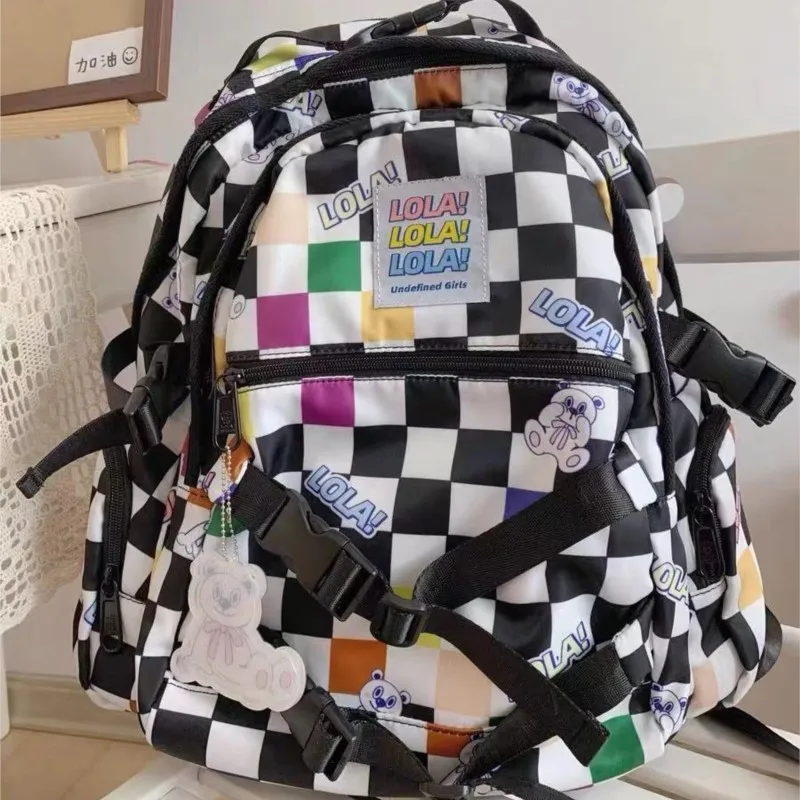 

Korean Black White Checkerboard Backpack Women Cute Cartoon Letter Bear Student Schoolbag Men Unisex Trendy Unique Fun Backpack