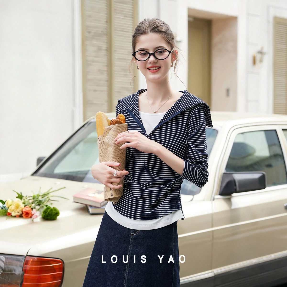 LOUIS YAO Slim Fit Striped Women's T‑Shirt 2026 Autumn Knit Fake Two‑Piece Top Square Shoulder Pleated  Long Sleeve Shirt