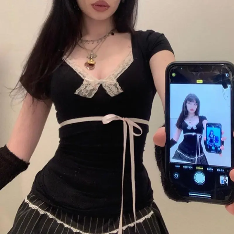 Y2k doux dentelle Patchwork pansement nœud T-shirt femmes été coupe ajustée taille épicée filles haut court japonais Lolita Chic t-shirts