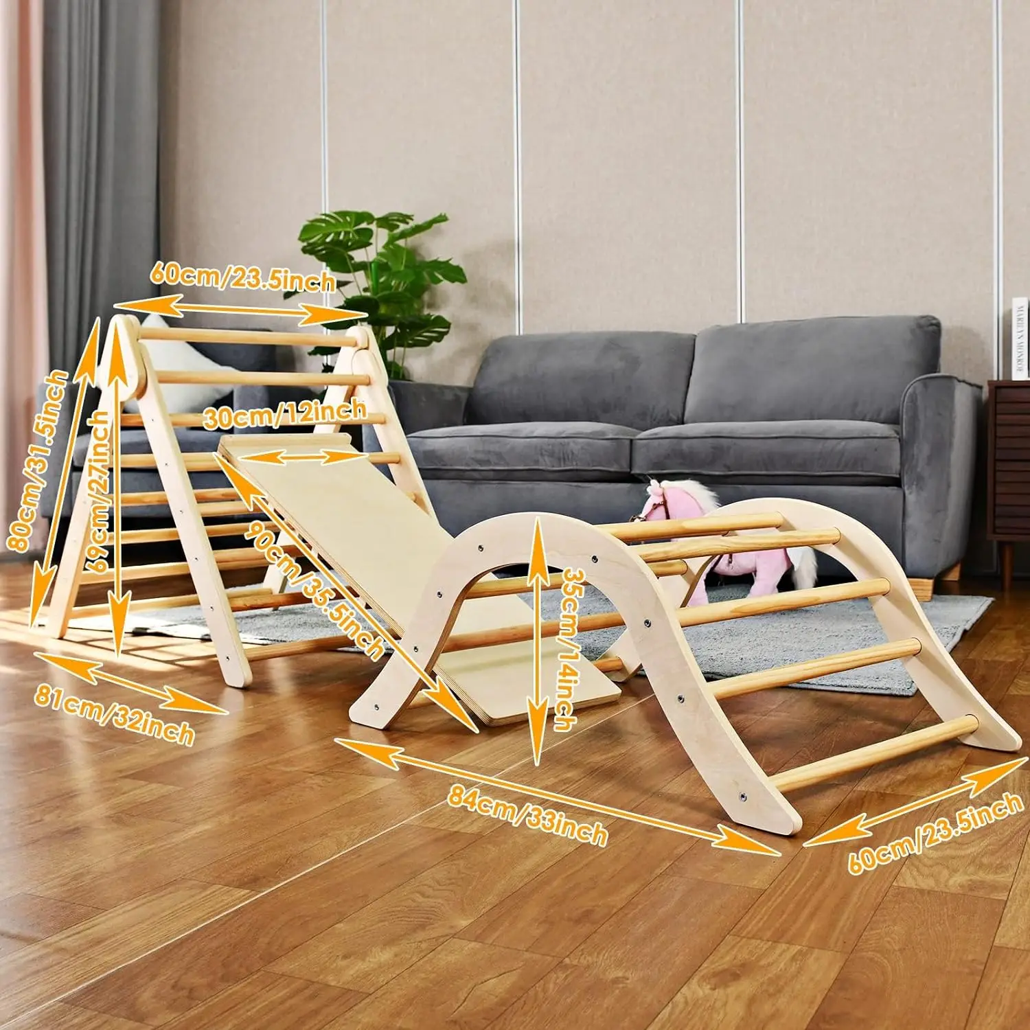 6-in-1 Pikler  Wood Adjustable Triangle Set Wooden Montessori Climbing Set with Ramp Arch Slide and Net Climbing Toys Indoor